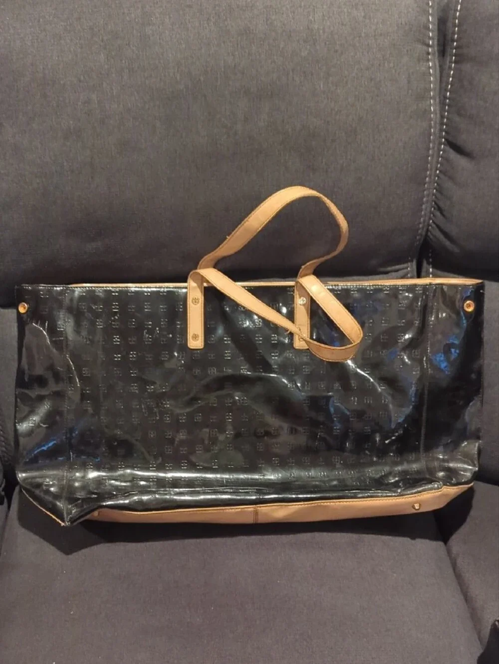 IMAN Black Patent Tote with Tan Handles and Gold Charm